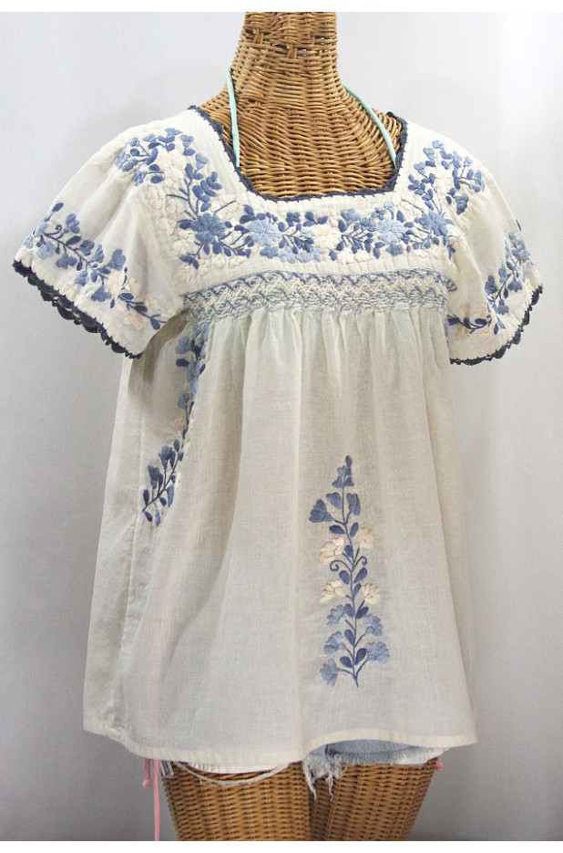 "La Marina Corta" Embroidered Mexican Peasant Blouse - Off White + Grey Mix