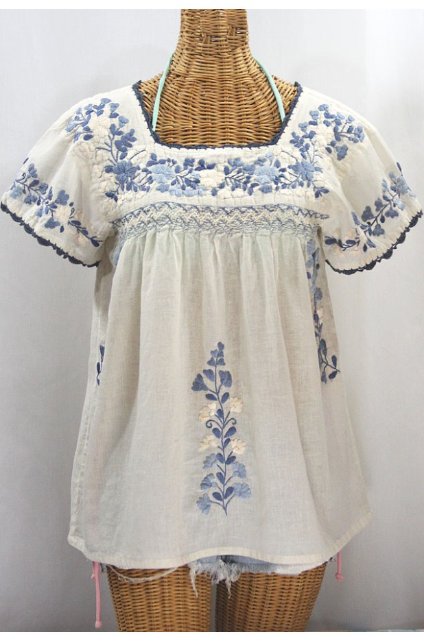 "La Marina Corta" Embroidered Mexican Peasant Blouse - Off White + Grey Mix