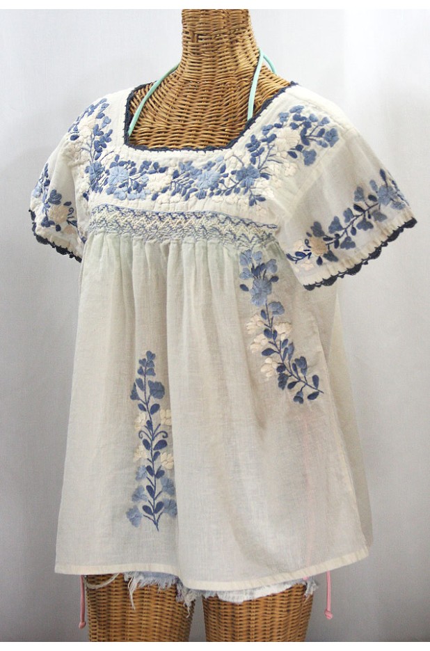 "La Marina Corta" Embroidered Mexican Peasant Blouse - Off White + Grey Mix