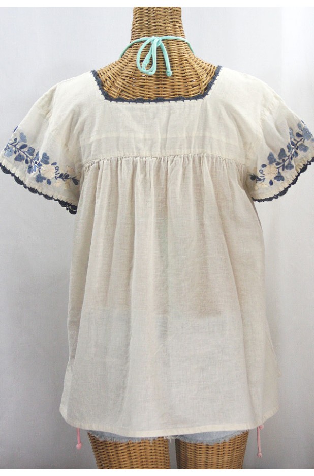 "La Marina Corta" Embroidered Mexican Peasant Blouse - Off White + Grey Mix