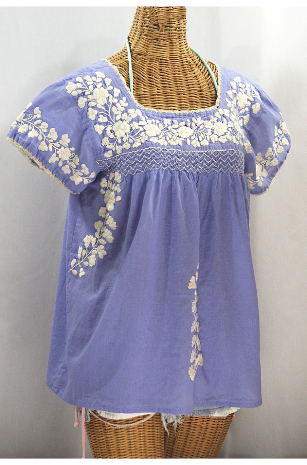 "La Marina Corta" Embroidered Mexican Peasant Blouse - Periwinkle + Cream