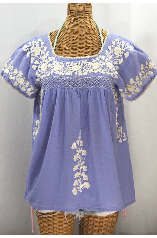 "La Marina Corta" Embroidered Mexican Peasant Blouse - Periwinkle + Cream