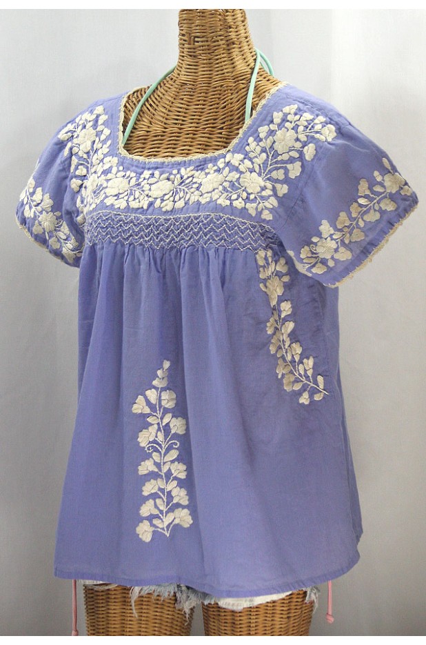 "La Marina Corta" Embroidered Mexican Peasant Blouse - Periwinkle + Cream