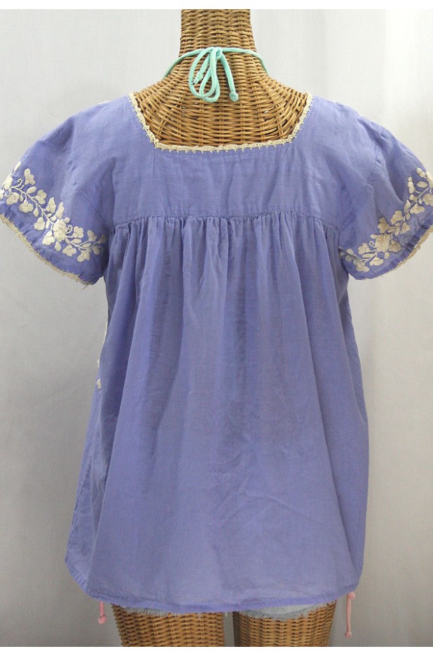 "La Marina Corta" Embroidered Mexican Peasant Blouse - Periwinkle + Cream