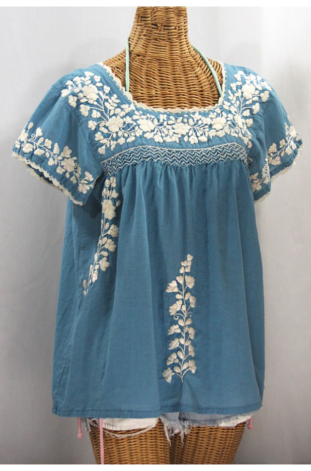 "La Marina Corta" Embroidered Mexican Peasant Blouse - Pool Blue + Cream