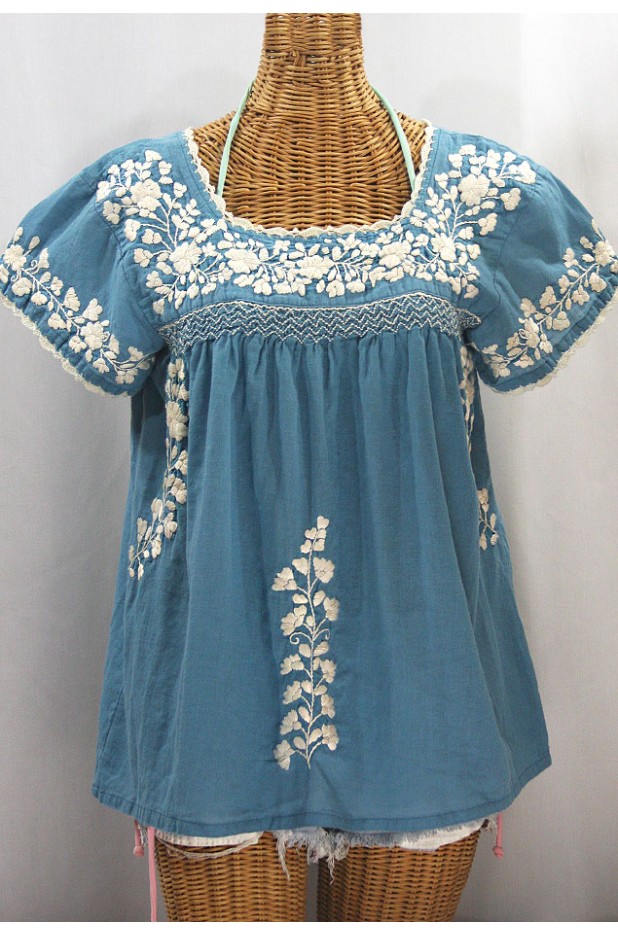 "La Marina Corta" Embroidered Mexican Peasant Blouse - Pool Blue + Cream