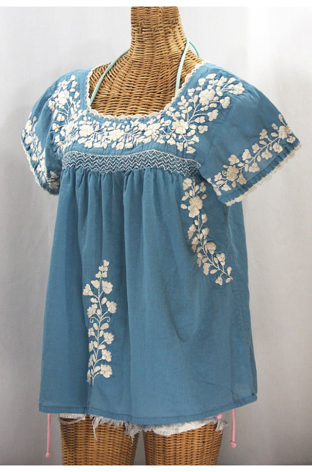 "La Marina Corta" Embroidered Mexican Peasant Blouse - Pool Blue + Cream