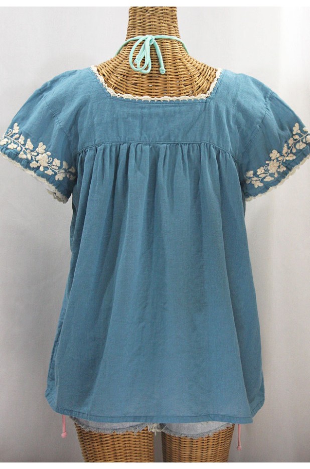 "La Marina Corta" Embroidered Mexican Peasant Blouse - Pool Blue + Cream