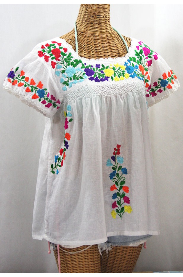 "La Marina Corta" Embroidered Mexican Peasant Blouse - White + Rainbow Block