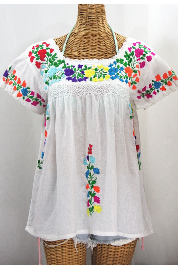 "La Marina Corta" Embroidered Mexican Peasant Blouse - White + Rainbow Block