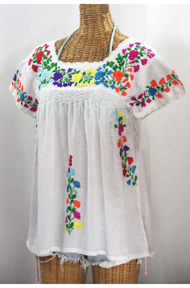 "La Marina Corta" Embroidered Mexican Peasant Blouse - White + Rainbow Block