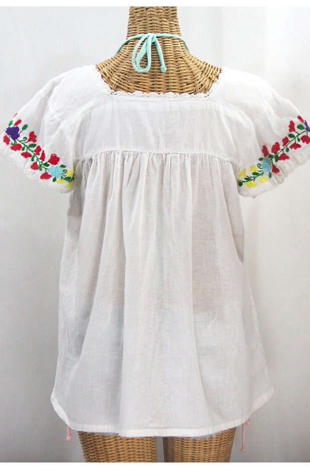 "La Marina Corta" Embroidered Mexican Peasant Blouse - White + Rainbow Block