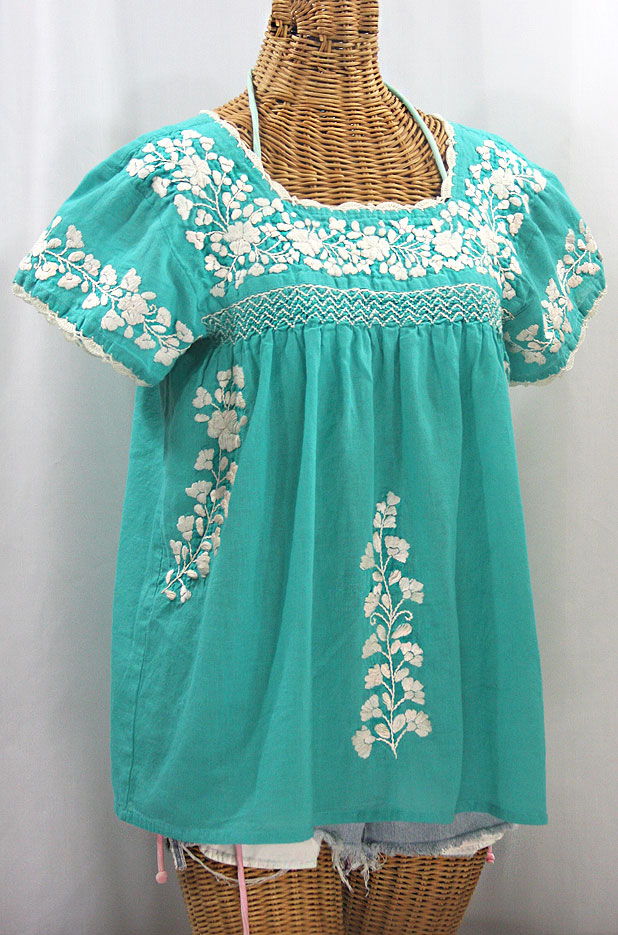 "La Marina Corta" Embroidered Mexican Peasant Blouse - Mint Green + Cream