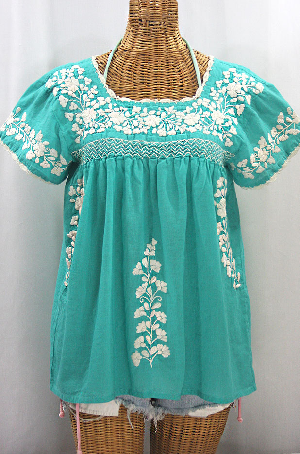 "La Marina Corta" Embroidered Mexican Peasant Blouse - Mint Green + Cream