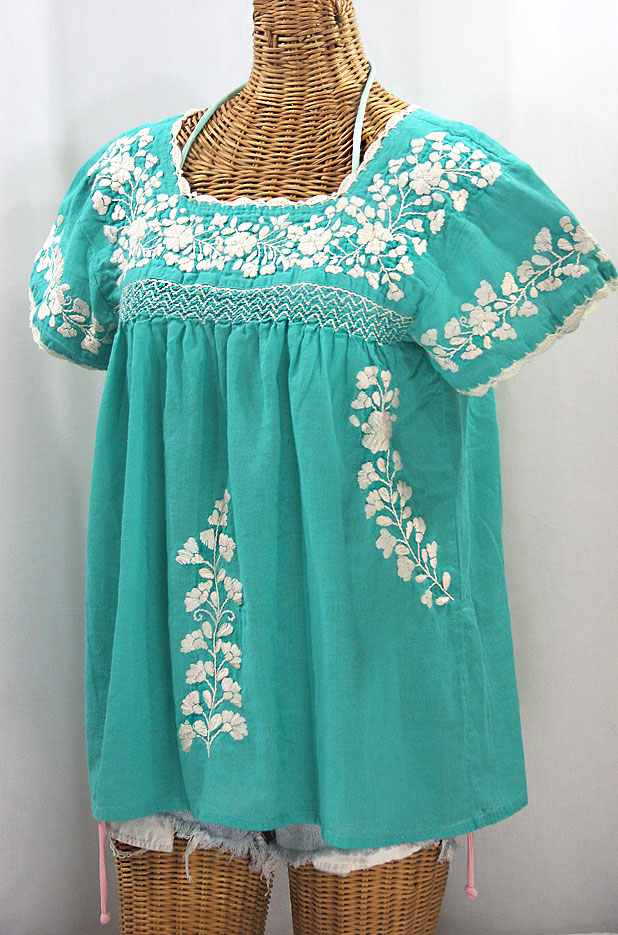 "La Marina Corta" Embroidered Mexican Peasant Blouse - Mint Green + Cream