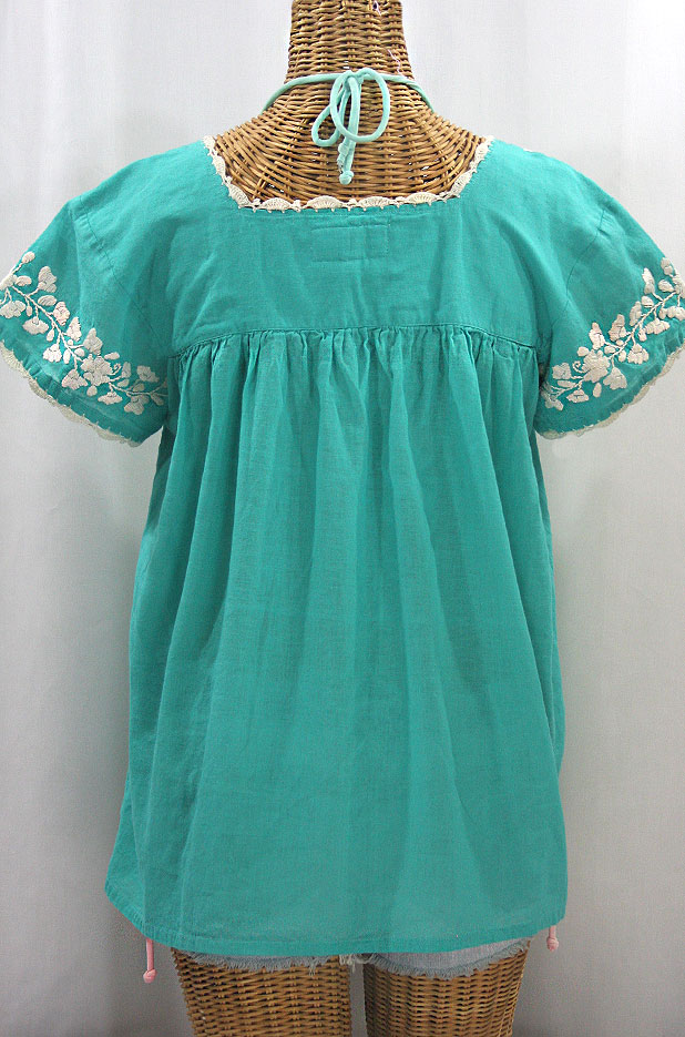 "La Marina Corta" Embroidered Mexican Peasant Blouse - Mint Green + Cream