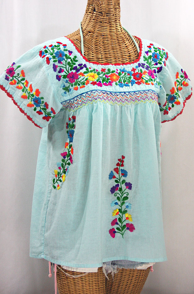 "La Marina Corta" Embroidered Mexican Peasant Blouse - Pale Blue + Rainbow