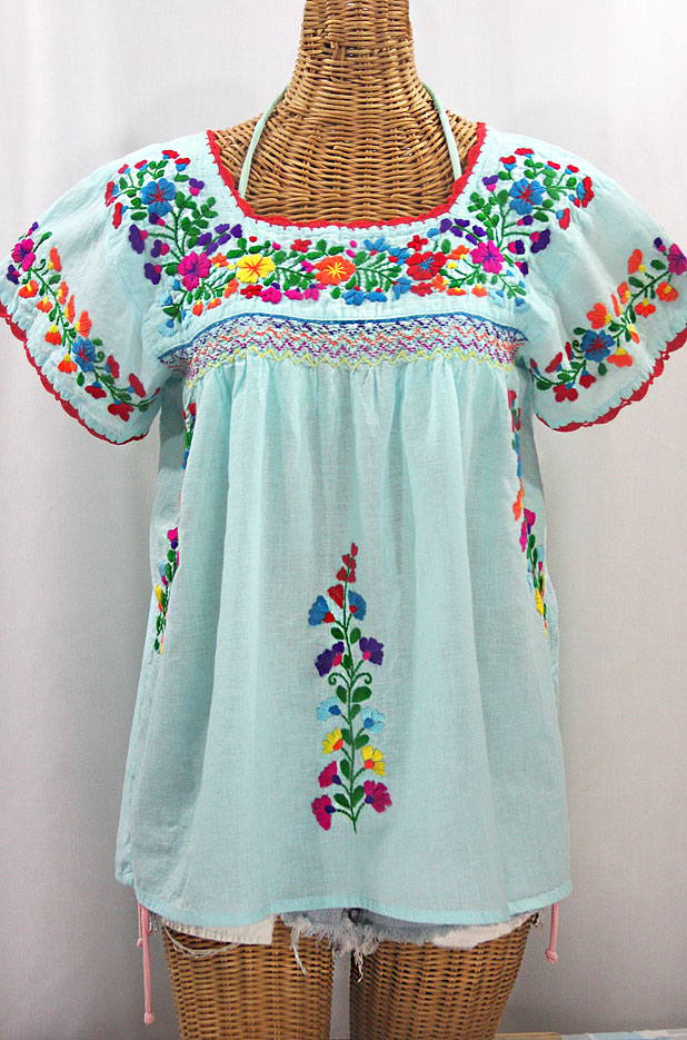 "La Marina Corta" Embroidered Mexican Peasant Blouse - Pale Blue + Rainbow