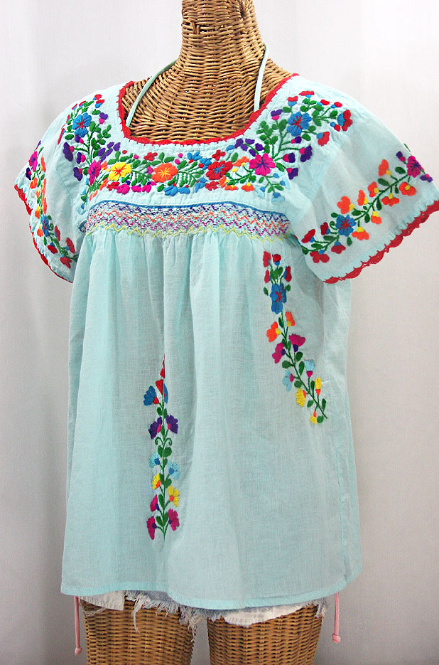 "La Marina Corta" Embroidered Mexican Peasant Blouse - Pale Blue + Rainbow