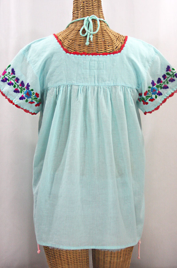 "La Marina Corta" Embroidered Mexican Peasant Blouse - Pale Blue + Rainbow