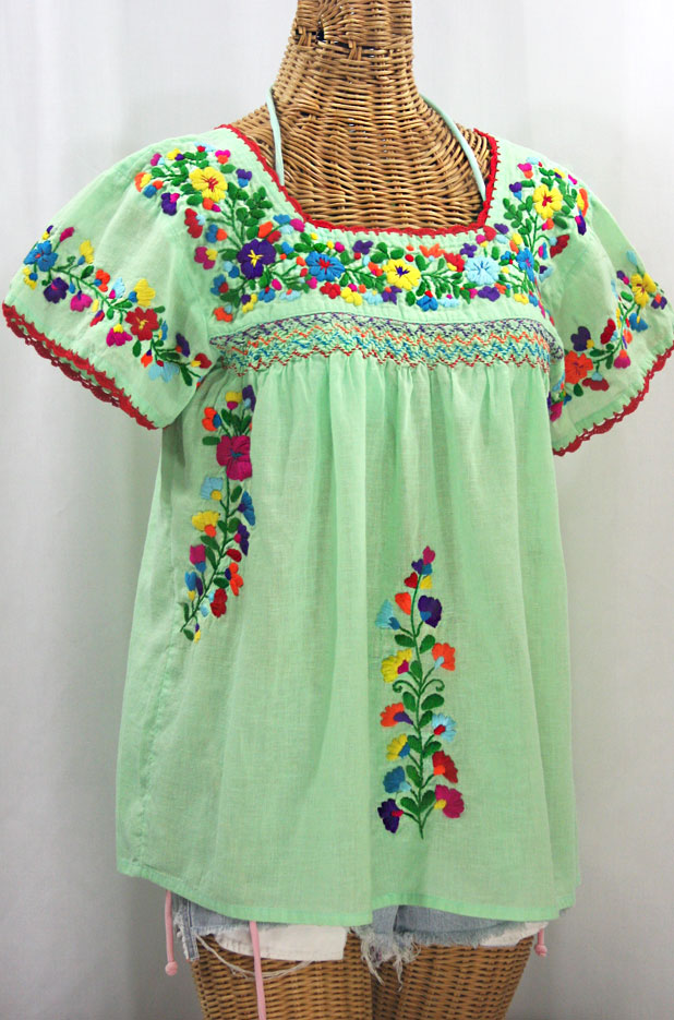 "La Marina Corta" Embroidered Mexican Peasant Blouse - Pale Green + Rainbow