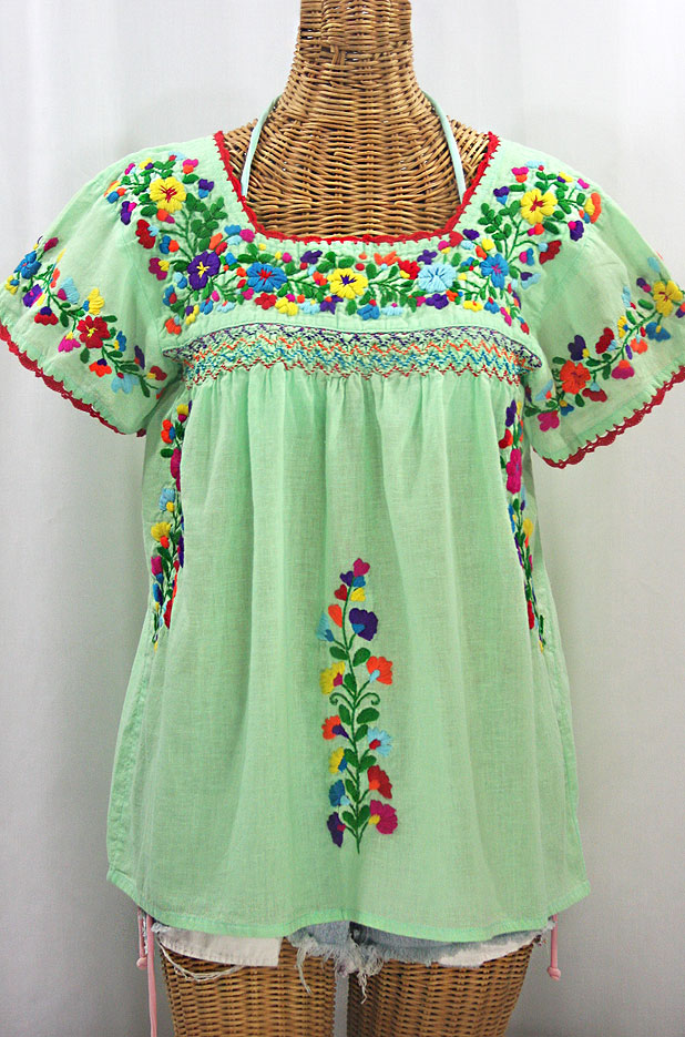 "La Marina Corta" Embroidered Mexican Peasant Blouse - Pale Green + Rainbow