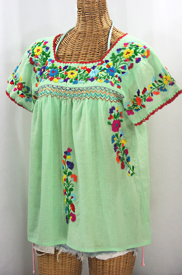 "La Marina Corta" Embroidered Mexican Peasant Blouse - Pale Green + Rainbow