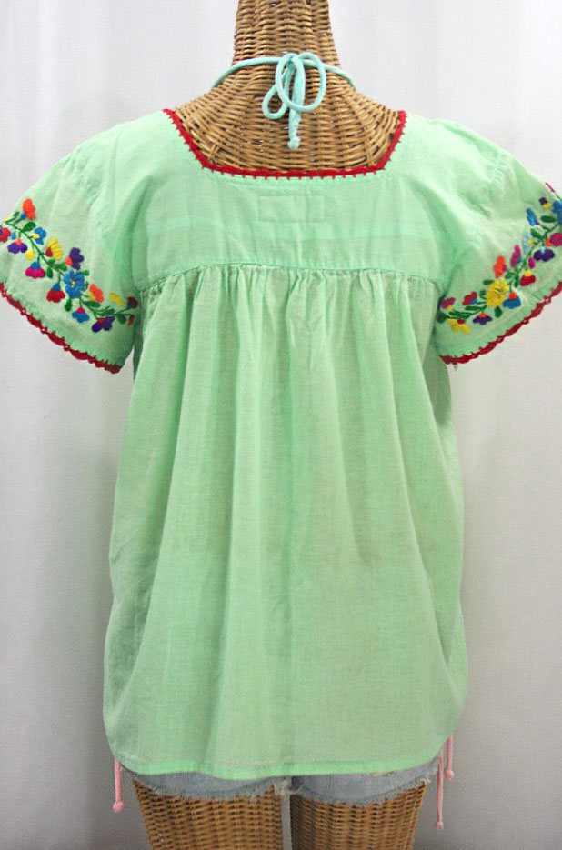 "La Marina Corta" Embroidered Mexican Peasant Blouse - Pale Green + Rainbow