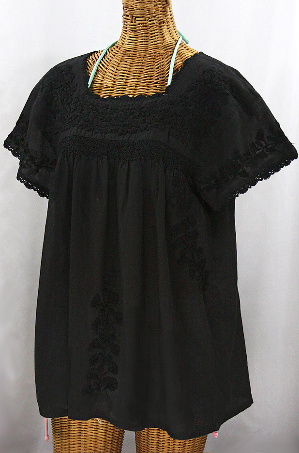 "La Marina Corta" Embroidered Mexican Peasant Blouse - All Black