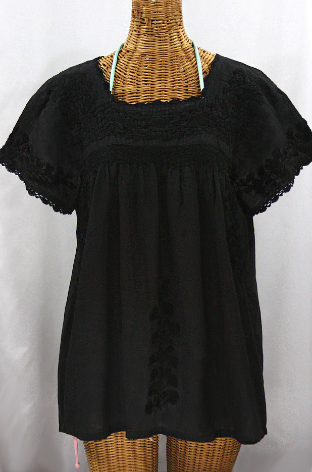 "La Marina Corta" Embroidered Mexican Peasant Blouse - All Black