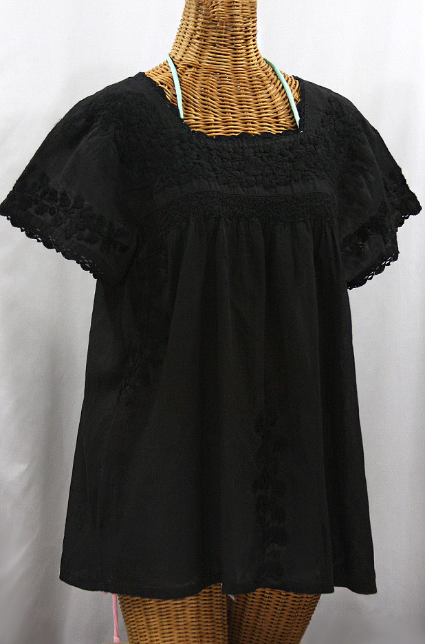 "La Marina Corta" Embroidered Mexican Peasant Blouse - All Black