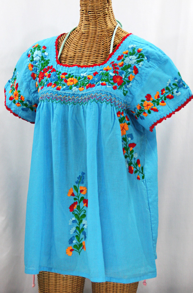 "La Marina Corta" Embroidered Mexican Peasant Blouse - Aqua + Fiesta
