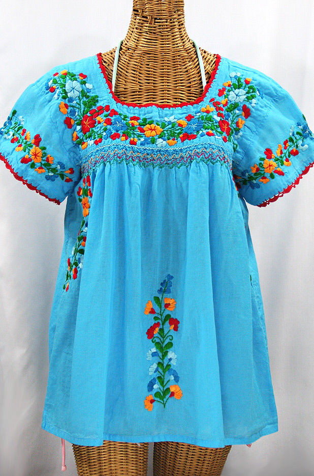 "La Marina Corta" Embroidered Mexican Peasant Blouse - Aqua + Fiesta