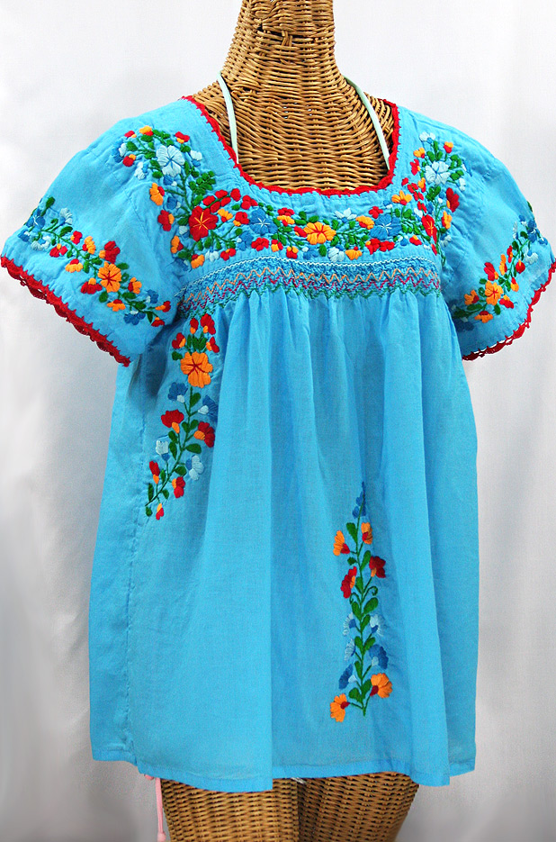 "La Marina Corta" Embroidered Mexican Peasant Blouse - Aqua + Fiesta