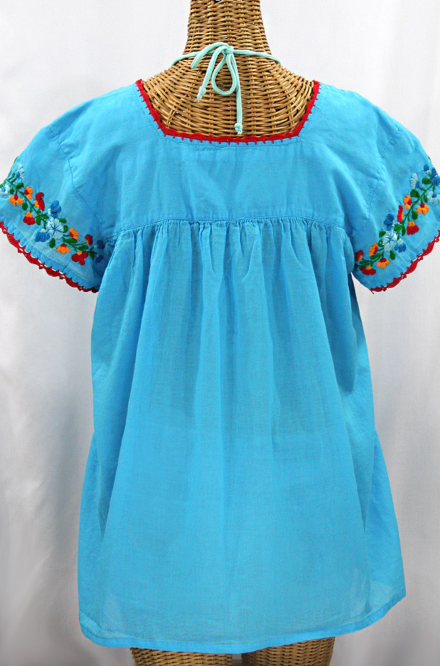 "La Marina Corta" Embroidered Mexican Peasant Blouse - Aqua + Fiesta