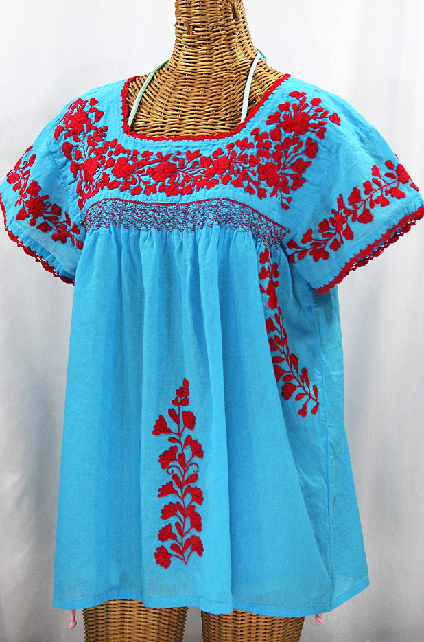 "La Marina Corta" Embroidered Mexican Peasant Blouse - Aqua + Red