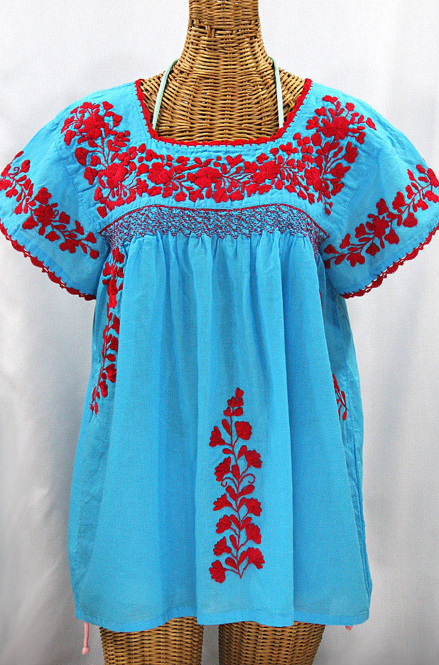 "La Marina Corta" Embroidered Mexican Peasant Blouse - Aqua + Red