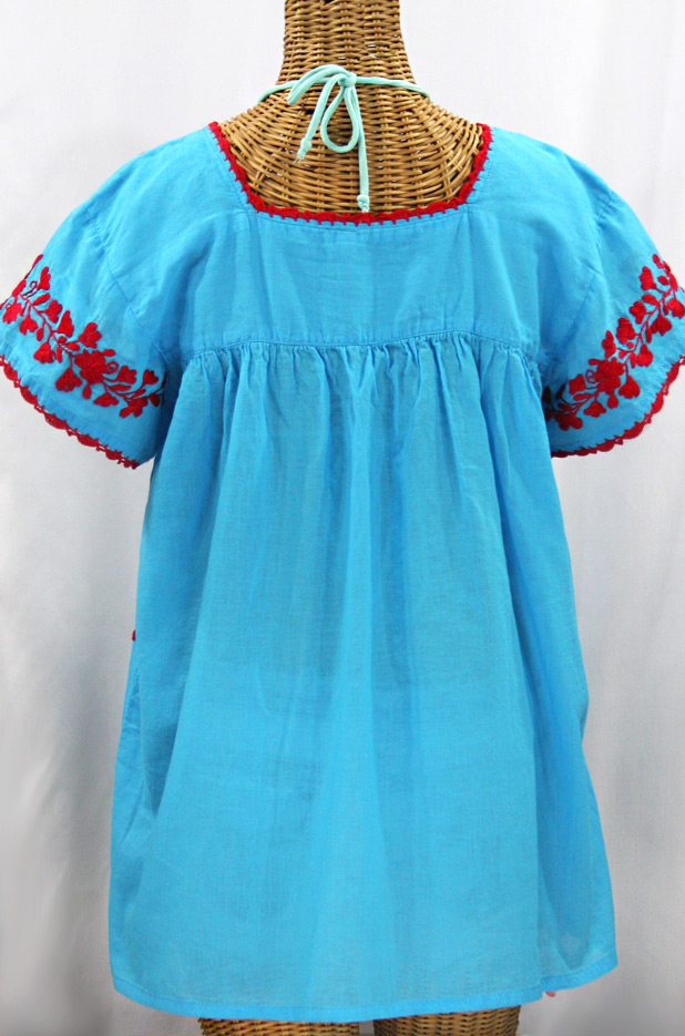 "La Marina Corta" Embroidered Mexican Peasant Blouse - Aqua + Red