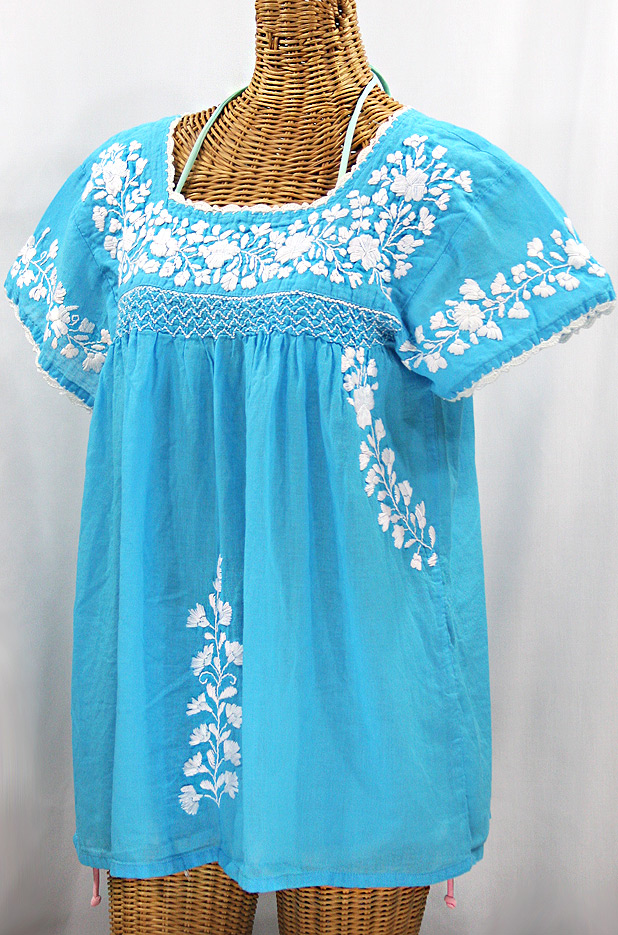 "La Marina Corta" Embroidered Mexican Peasant Blouse - Aqua + White