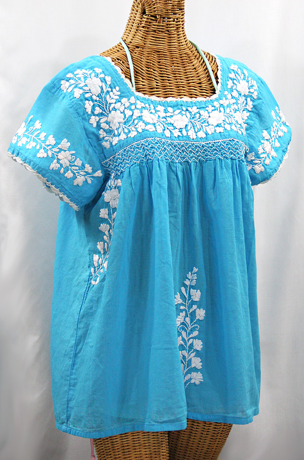 "La Marina Corta" Embroidered Mexican Peasant Blouse - Aqua + White