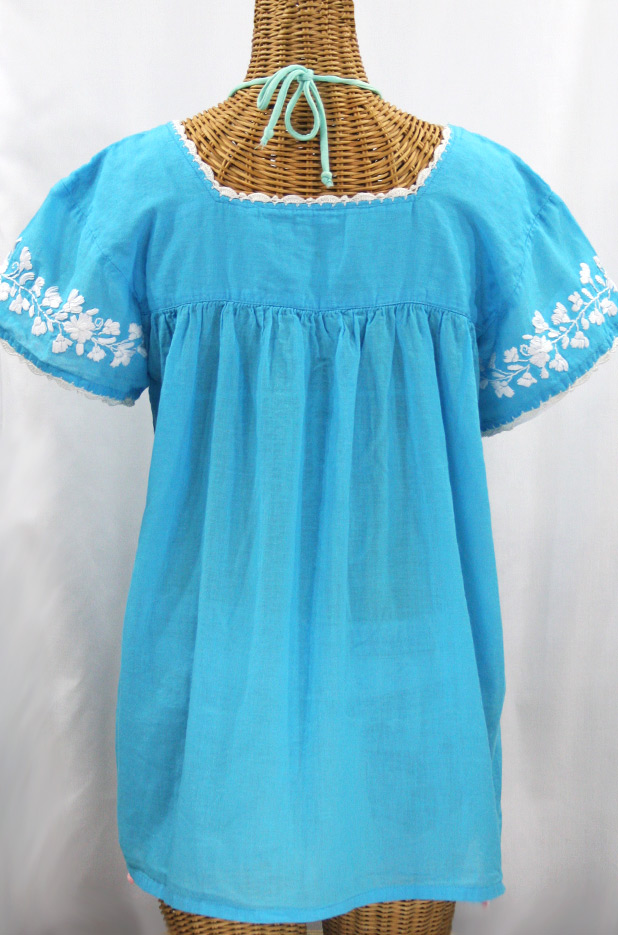 "La Marina Corta" Embroidered Mexican Peasant Blouse - Aqua + White