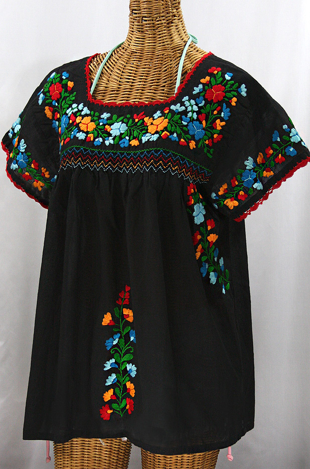 "La Marina Corta" Embroidered Mexican Peasant Blouse - Black + Fiesta