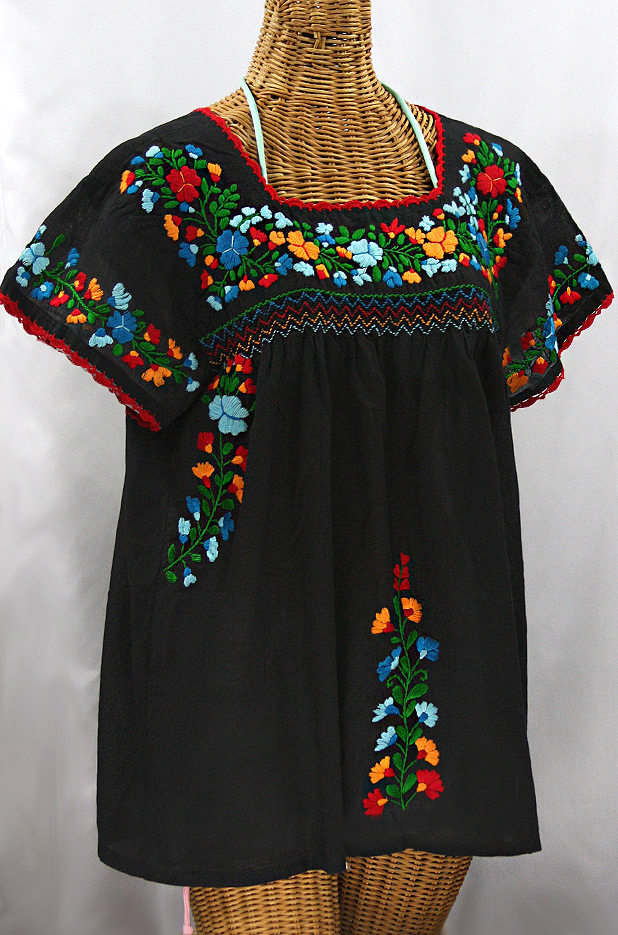 "La Marina Corta" Embroidered Mexican Peasant Blouse - Black + Fiesta