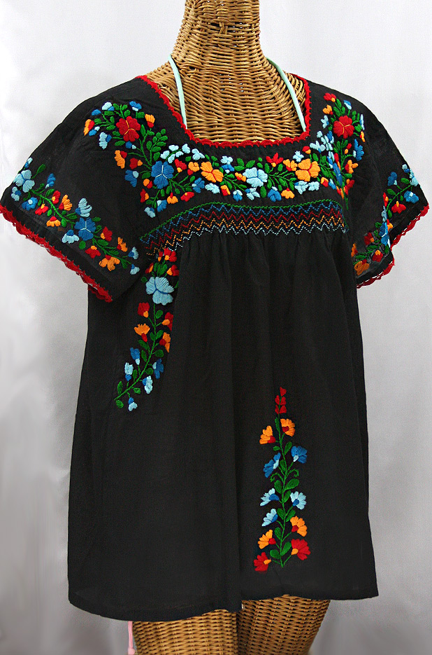 "La Marina Corta" Embroidered Mexican Peasant Blouse - Black + Fiesta