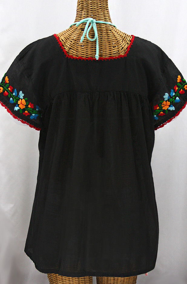 "La Marina Corta" Embroidered Mexican Peasant Blouse - Black + Fiesta