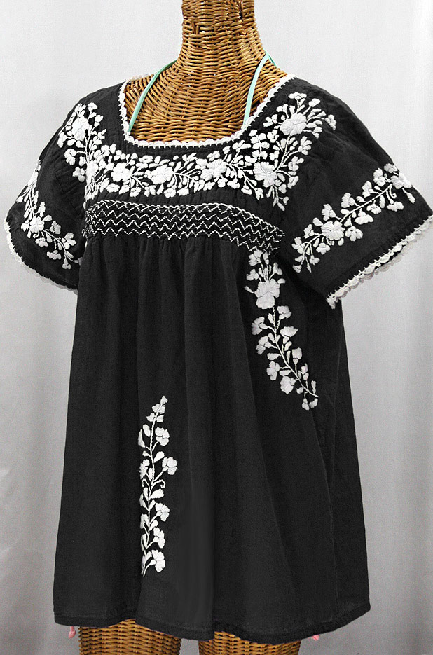 "La Marina Corta" Embroidered Mexican Peasant Blouse - Black + White