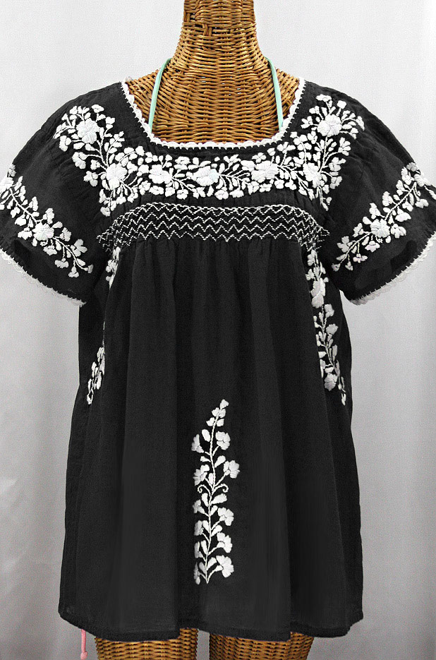 "La Marina Corta" Embroidered Mexican Peasant Blouse - Black + White