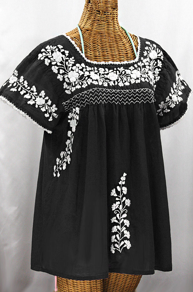 "La Marina Corta" Embroidered Mexican Peasant Blouse - Black + White