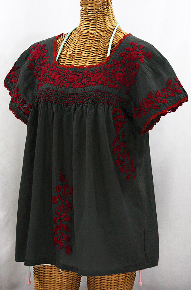 "La Marina Corta" Embroidered Mexican Peasant Blouse - Charcoal + Maroon