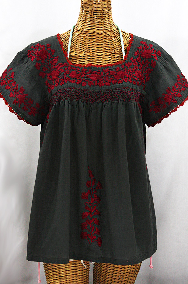 "La Marina Corta" Embroidered Mexican Peasant Blouse - Charcoal + Maroon